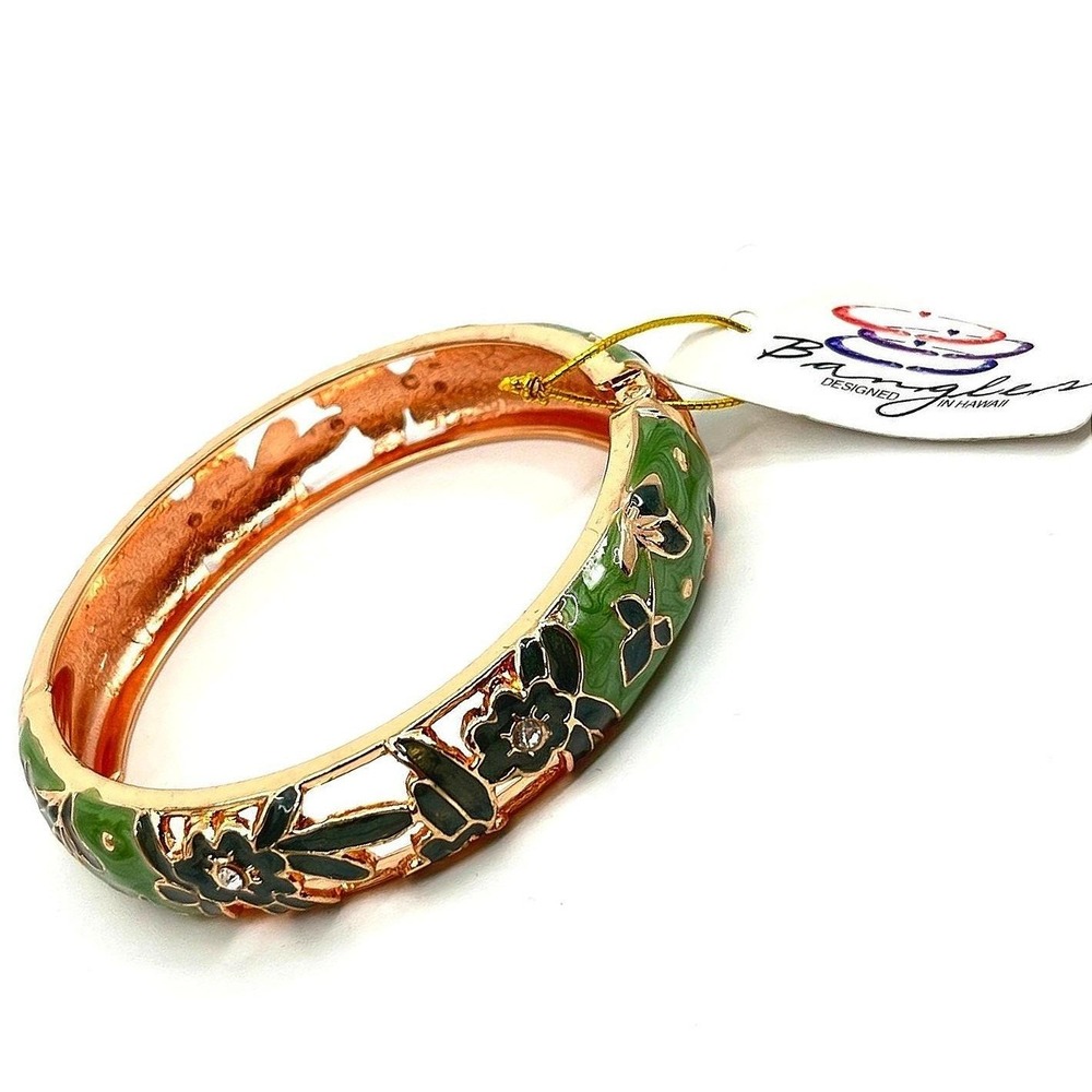 Vintage‎ Gold Tone Bangle Green Enamel Flower Clasp Bracelet Hawaii Design Retro